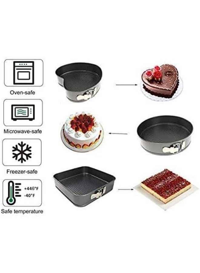 Non-stick cake mold set with removable bases, ready for quick serving, in heart, circle, and square shapes, black - 3-piece set - Image 2