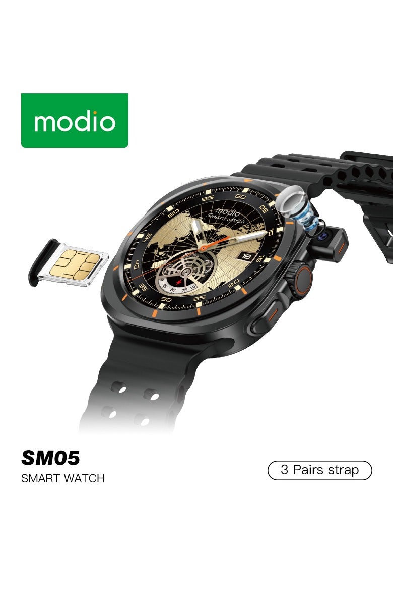 Modio SM05 Smartwatch with HD Calling Sim Card Support With 3 Pair Straps Charging Cable Designed for Men Black - Image 1