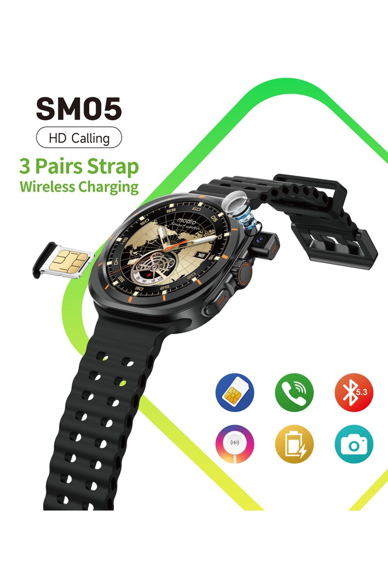 Modio SM05 Smartwatch with HD Calling Sim Card Support With 3 Pair Straps Charging Cable Designed for Men Black - Image 3