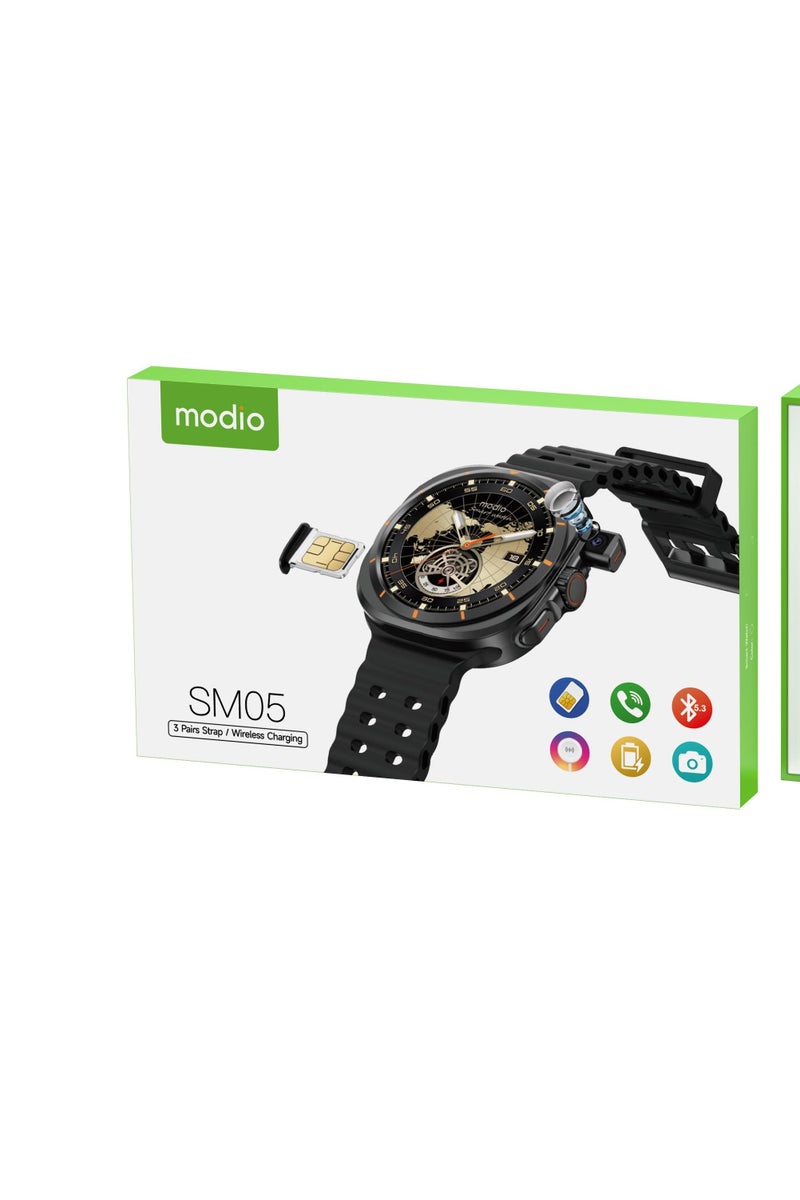 Modio SM05 Smartwatch with HD Calling Sim Card Support With 3 Pair Straps Charging Cable Designed for Men Black - Image 5