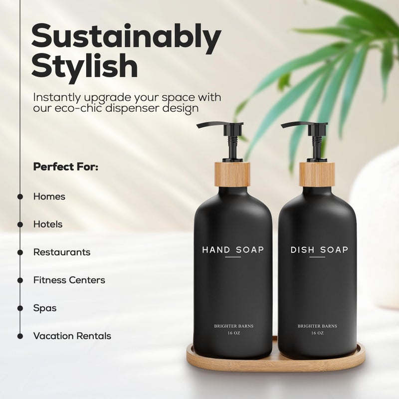 Brighter Barns Black Glass Hand and Dish Soap Dispenser Set by Brighter Barns - Kitchen Soap Dispenser Set with Tray - Bamboo Pump Bottles for Kitchen Sink - Boho Modern Home Decor, Neutral Home Accessories (Black) - Image 2