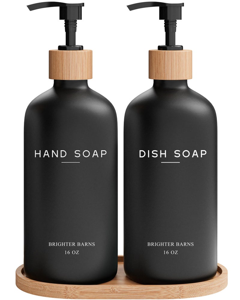 Brighter Barns Black Glass Hand and Dish Soap Dispenser Set by Brighter Barns - Kitchen Soap Dispenser Set with Tray - Bamboo Pump Bottles for Kitchen Sink - Boho Modern Home Decor, Neutral Home Accessories (Black) - Image 1