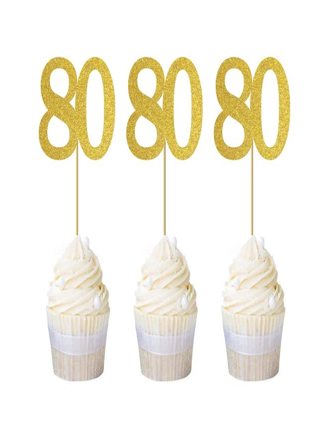 SVM CRAFT® 30 pcs 80th Cupcake Toppers Gold Glitter Number80 Cake Picks for Birthday Anniversary Party Decoration - Image 1