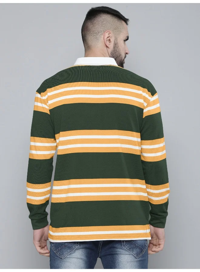 مانياك Mens Auto Striped Polo Neck Full Sleeve Green and Yellow Cotton Oversized T-Shirt