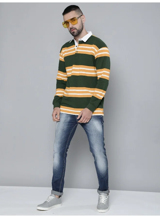 مانياك Mens Auto Striped Polo Neck Full Sleeve Green and Yellow Cotton Oversized T-Shirt