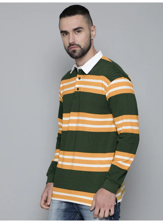 مانياك Mens Auto Striped Polo Neck Full Sleeve Green and Yellow Cotton Oversized T-Shirt