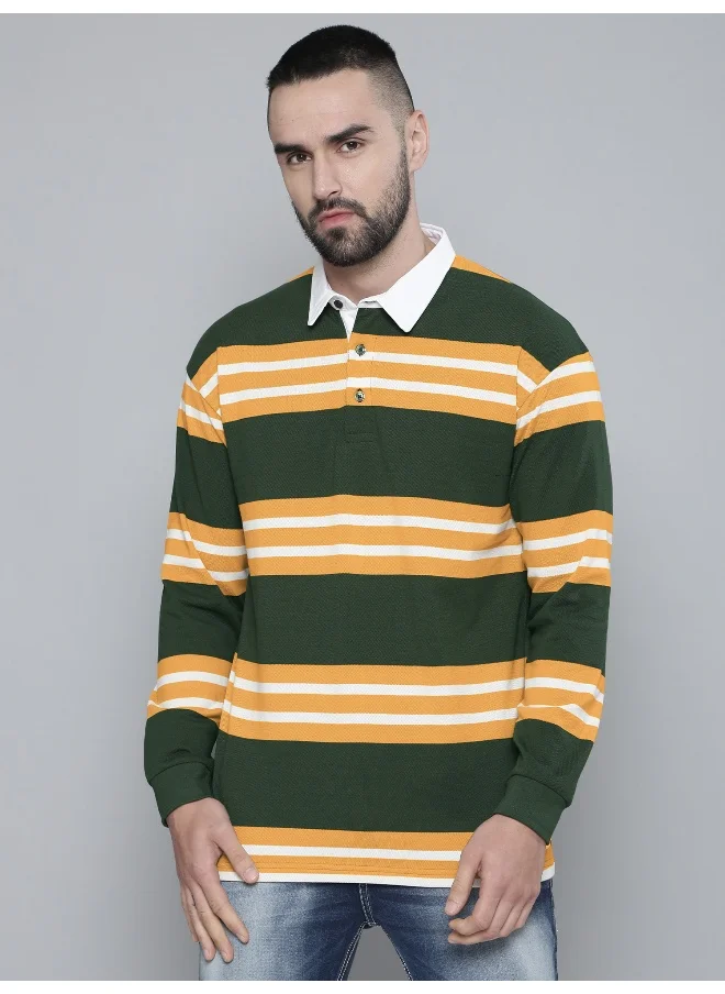 Maniac Mens Auto Striped Polo Neck Full Sleeve Green and Yellow Cotton Oversized T-Shirt