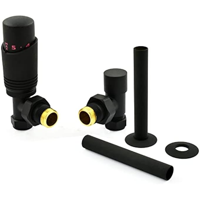 TEXTURED BLACK CASCADE ANGLED MODERN TRV THERMOSTATIC RADIATOR VALVE (PAIR) INCLUDES ANGLED TRV BODY, ONE LOCK SHIELD & PIPE SLEEVE FOR QUICK & EASY TEMPERATURE CONTROL. - Image 1