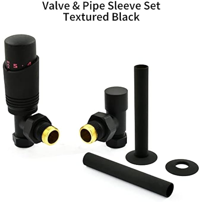 TEXTURED BLACK CASCADE ANGLED MODERN TRV THERMOSTATIC RADIATOR VALVE (PAIR) INCLUDES ANGLED TRV BODY, ONE LOCK SHIELD & PIPE SLEEVE FOR QUICK & EASY TEMPERATURE CONTROL. - Image 3