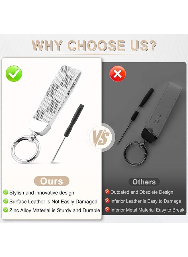 دبليو أف أف أو سلسلة مفاتيح معدنية من جلد PU للسيارة - سلسلة مفاتيح السيارة الإبداعية مع حلقة D مضادة للضياع و 2 حلقة مفاتيح - حلقة من سبائك الزنك من الجلد المنقوشة 360 درجة الدورية - سوار معصم عالمي للسيارة - حقيبة مدرسية رئيسية قلادة زخرفة السيارة - أرسل مفك براغي - أبيض / فضي - Image 3