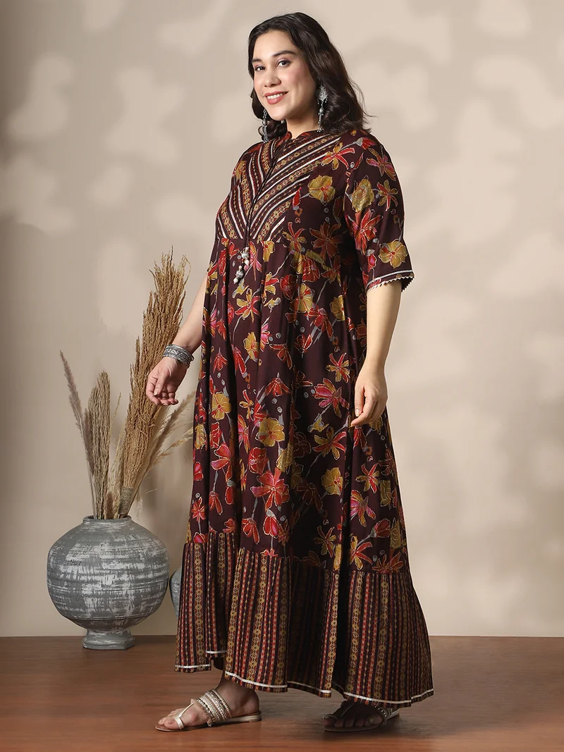 globus Globus Gloplus Women Wine Mandarin Collar Floral Foil Print Gotta Patti Tie-Up Detail Maxi Plus Size A-Line Dress