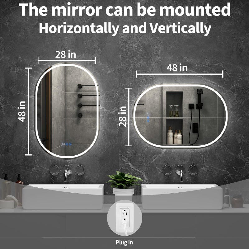 WISSMIELS Oval LED Bathroom Mirror, 28"x 48" Frameless LED Mirror with Front Light and Backlit, Anti-Fog, Dimmable Modern Wall Mounted Lighted Mirrorï¼ŒPill-Shaped Smart Mirror Bathroom - Image 3
