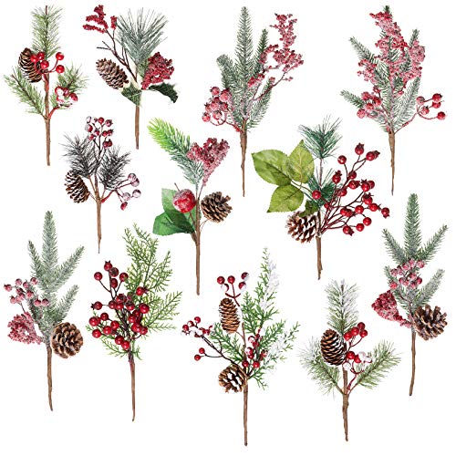 Crafare12-16 Inch Large Artificial Christmas Tree Picks 12 Styles Assorted Holly Picks Stems with Pinecones Leaves for Xmas Tree Filler Floral Arrangement Winter Holiday Season Décor - Image 1