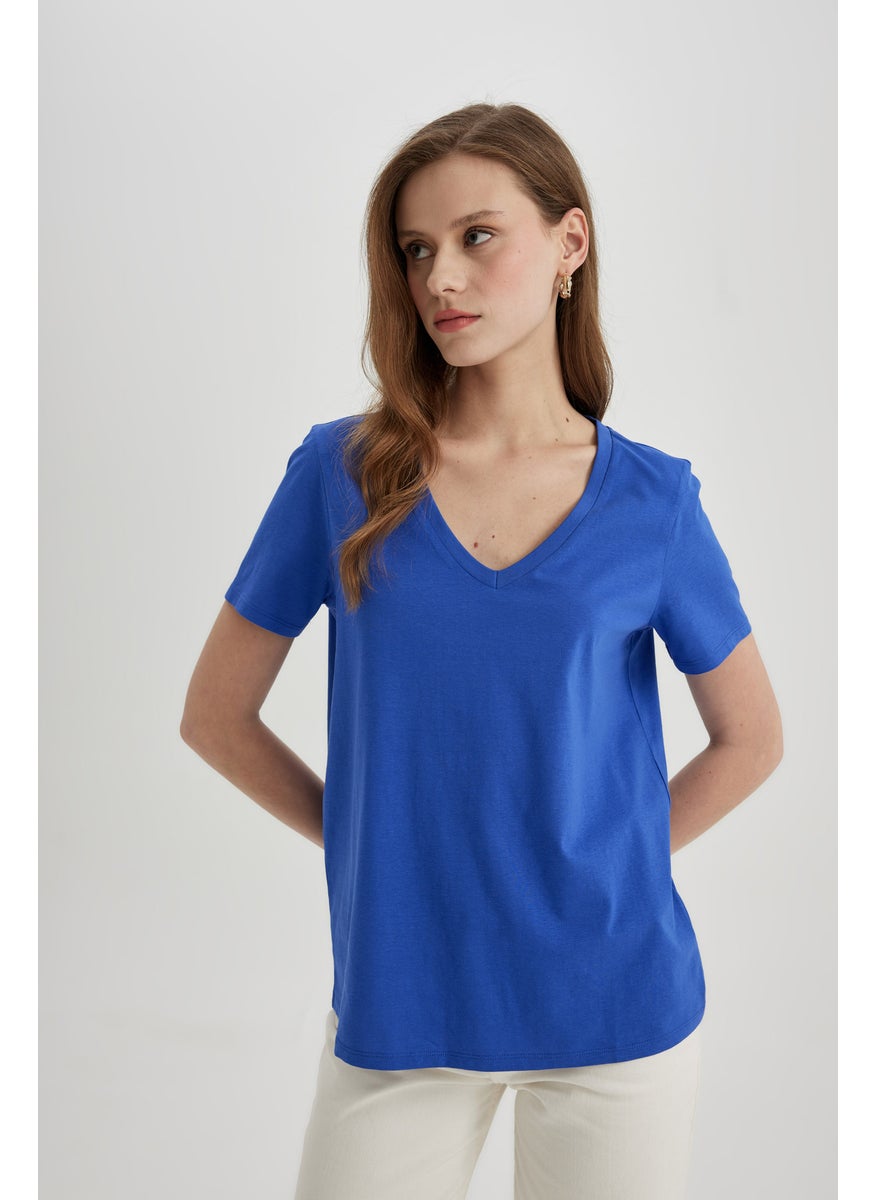 DeFacto Woman Regular Fit V-Neck Combed Cotton T-Shirt  - Image 1
