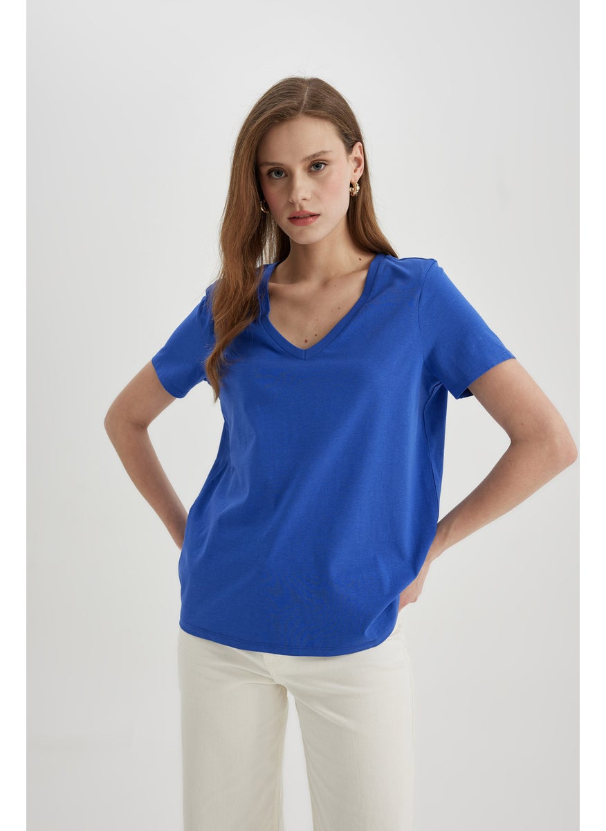 DeFacto Woman Regular Fit V-Neck Combed Cotton T-Shirt  - Image 4
