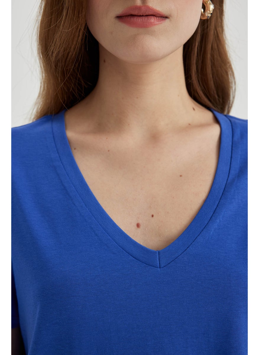 DeFacto Woman Regular Fit V-Neck Combed Cotton T-Shirt  - Image 5