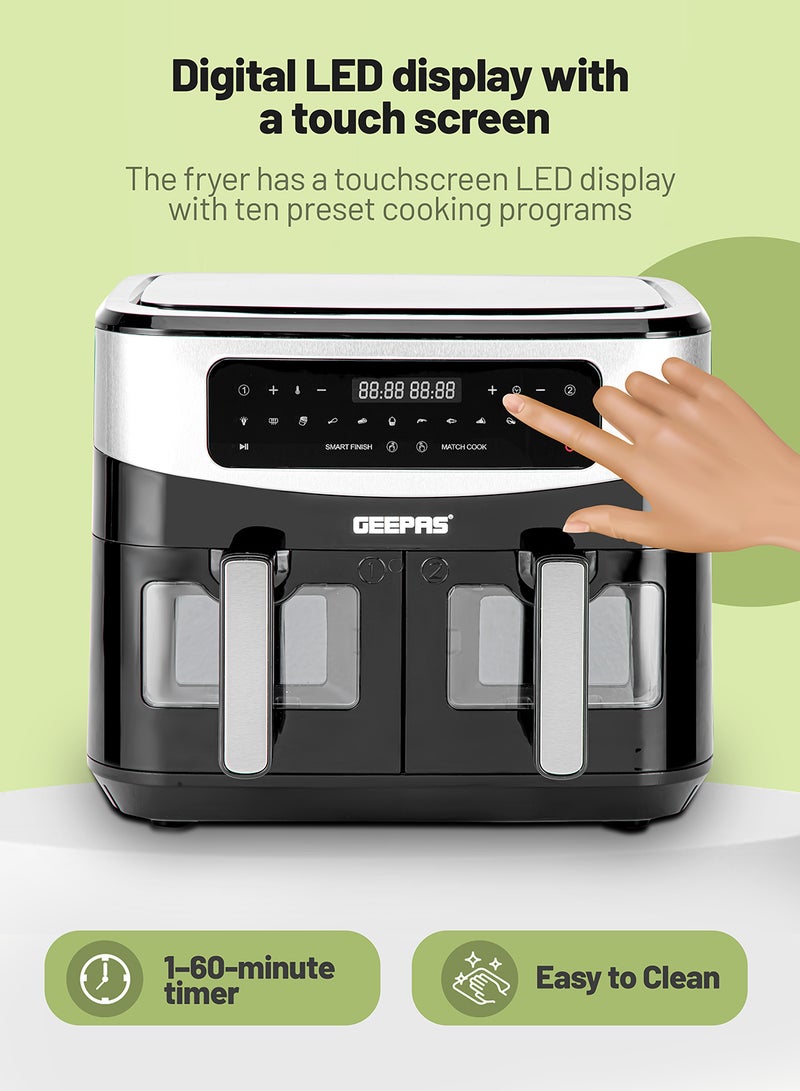 GEEPAS Dual Basket Digital Air Fryer 10 L Equipped With Vortex Air Frying Technology| Oil Free Cooking Led Display With Touch Screen Smart Finish And Match Cook 10 L 2600 W GAF37525 Black - Image 4