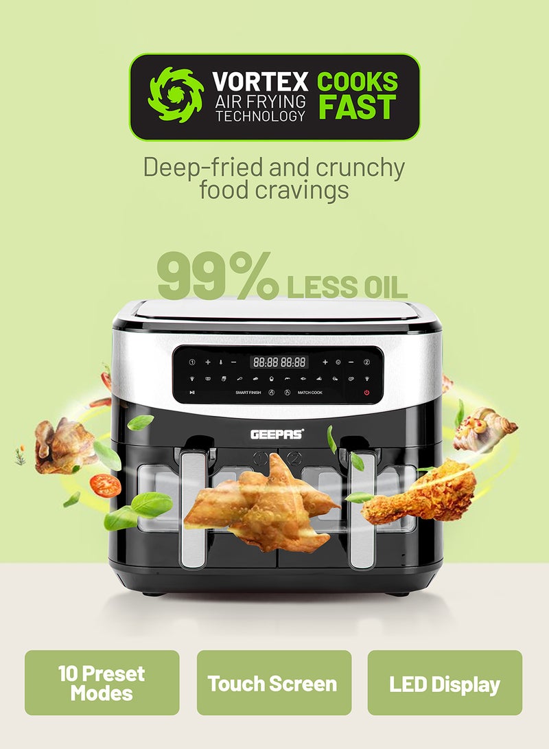 GEEPAS Dual Basket Digital Air Fryer 10 L Equipped With Vortex Air Frying Technology| Oil Free Cooking Led Display With Touch Screen Smart Finish And Match Cook 10 L 2600 W GAF37525 Black - Image 3