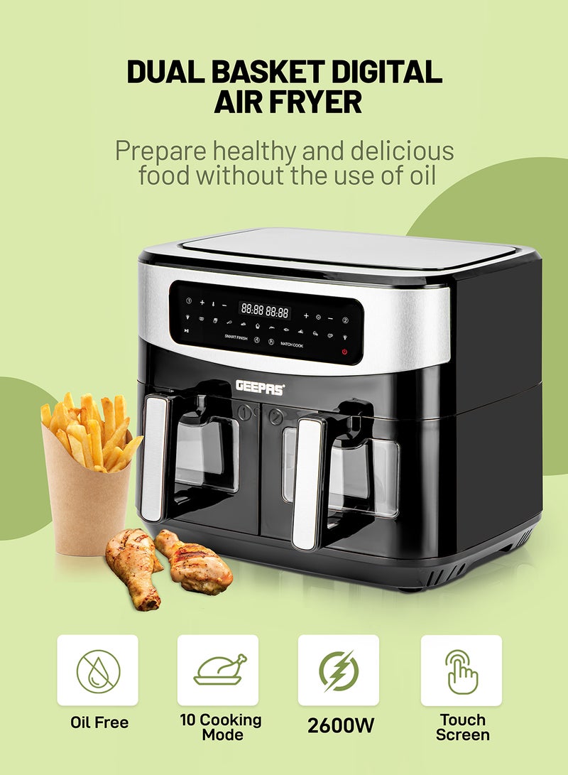 GEEPAS Dual Basket Digital Air Fryer 10 L Equipped With Vortex Air Frying Technology| Oil Free Cooking Led Display With Touch Screen Smart Finish And Match Cook 10 L 2600 W GAF37525 Black - Image 2