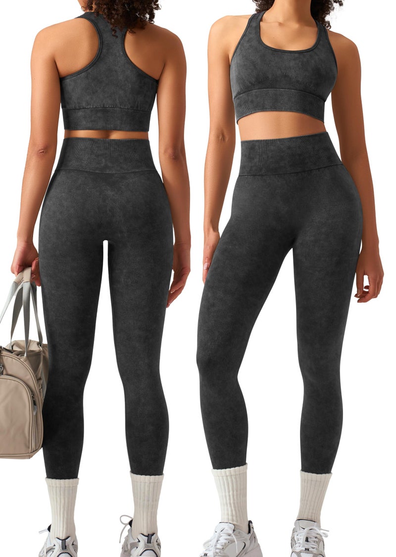 OLCHEE Womens Workout Sets 2 Piece - Acid Wash Seamless Yoga Outfits High Waist Leggings Padded Racerback Sports Bra Gym Set - Black Medium - Image 1