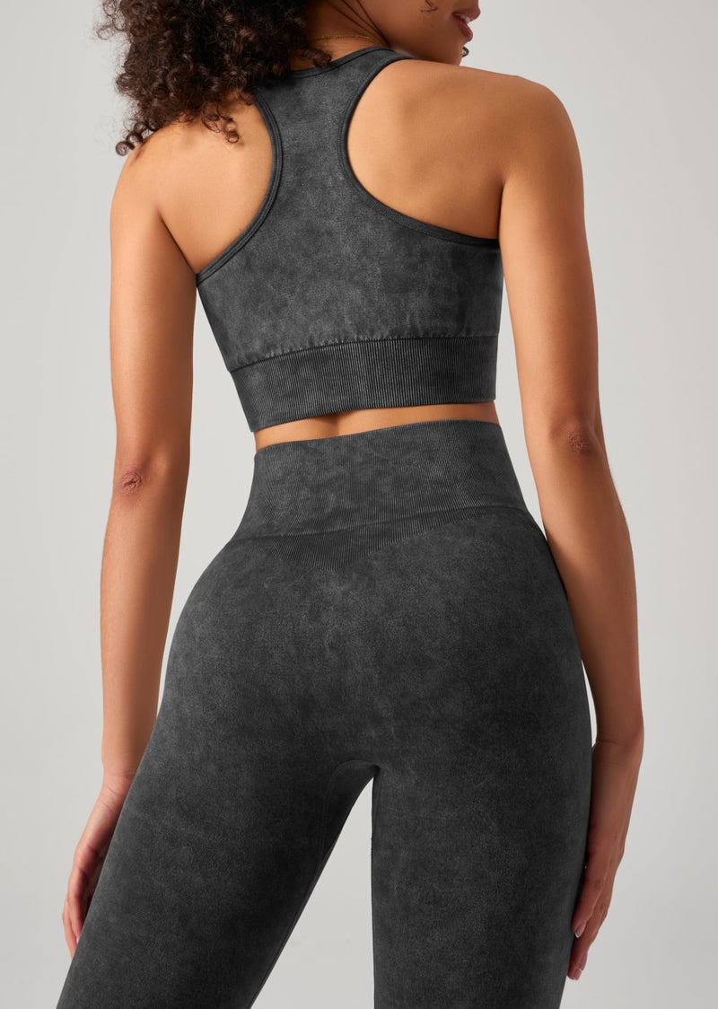 OLCHEE Womens Workout Sets 2 Piece - Acid Wash Seamless Yoga Outfits High Waist Leggings Padded Racerback Sports Bra Gym Set - Black Medium - Image 5