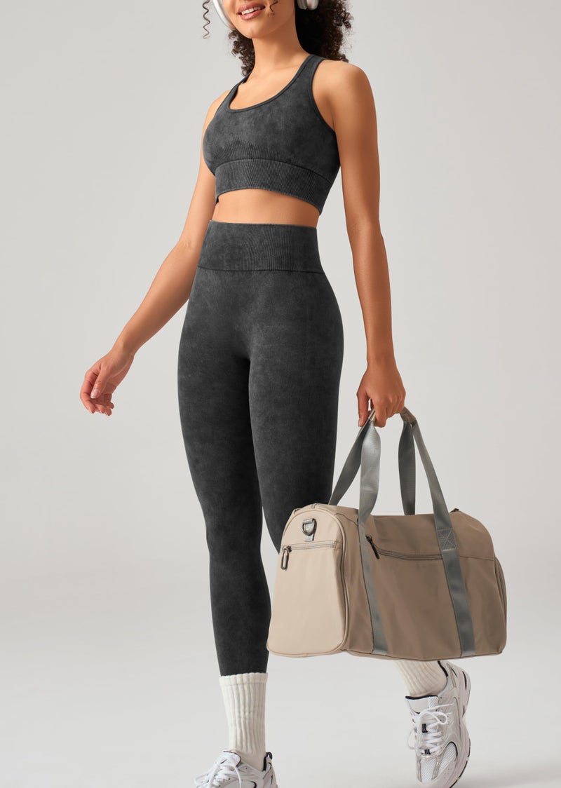 OLCHEE Womens Workout Sets 2 Piece - Acid Wash Seamless Yoga Outfits High Waist Leggings Padded Racerback Sports Bra Gym Set - Black Medium - Image 4