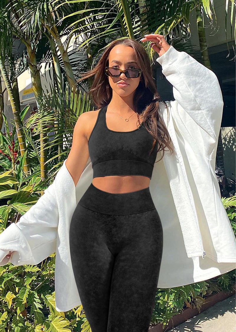 OLCHEE Womens Workout Sets 2 Piece - Acid Wash Seamless Yoga Outfits High Waist Leggings Padded Racerback Sports Bra Gym Set - Black Medium - Image 2