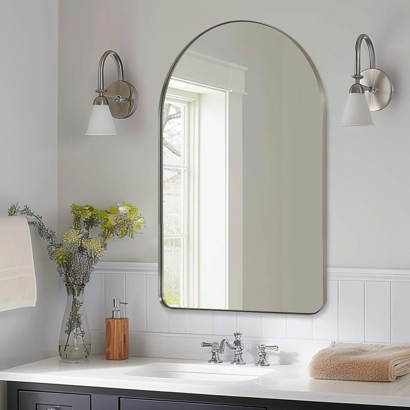ANDY STAR Arched Wall Mirror 22 x 35 Inch Brushed Nickle Mirror in Stainless Steel Metal Frame Arch Top Rounded Corner 1 Inch Deep Set Design Wall Mount Hangs Vertical