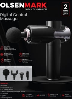 Olsenmark Rechargeable Massager OMM4123, Digital Control and Display, Cordless, Easy One Touch Control, with an Ergonomic Grip, 99 Speed Levels, 3 Modes, with Power Indicator, 4 Replaceable Heads, for Full-Body, Black, 2 Years Warranty