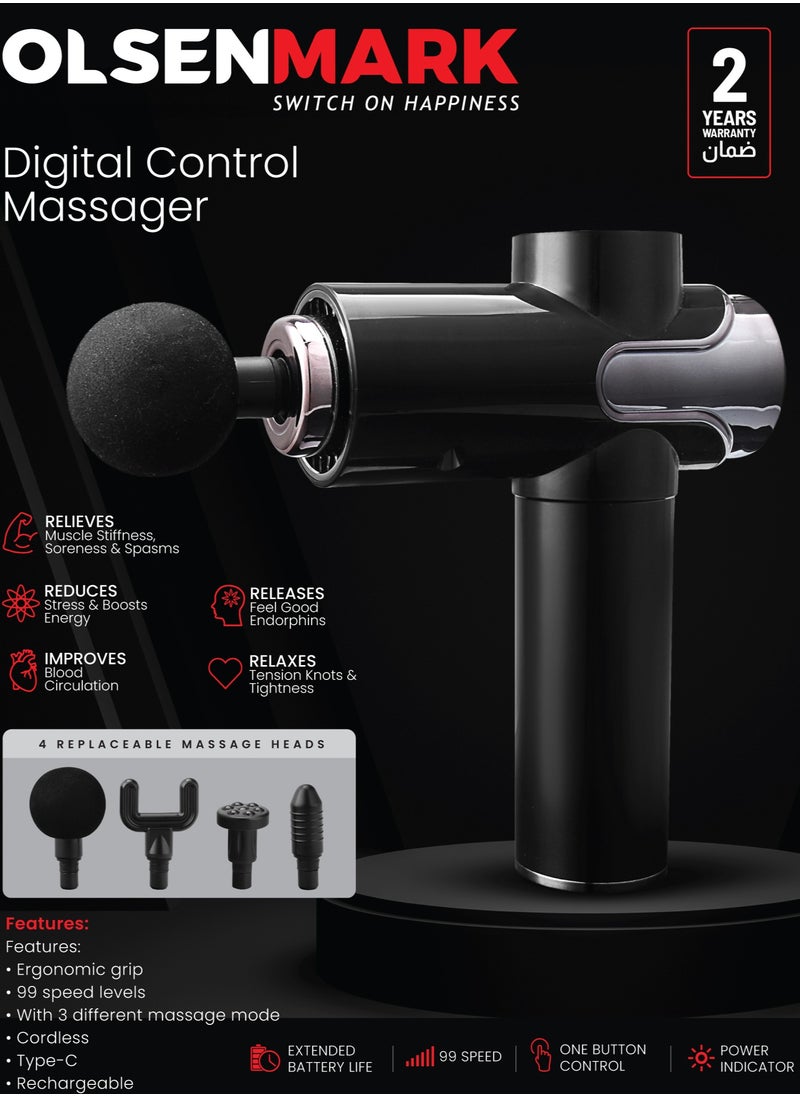 Olsenmark - Olsenmark Rechargeable Massager OMM4123, Digital Control and Display, Cordless, Easy One Touch Control, with an Ergonomic Grip, 99 Speed Levels, 3 Modes, with Power Indicator, 4 Replaceable Heads, for Full-Body, Black, 2 Years Warranty - Image 1