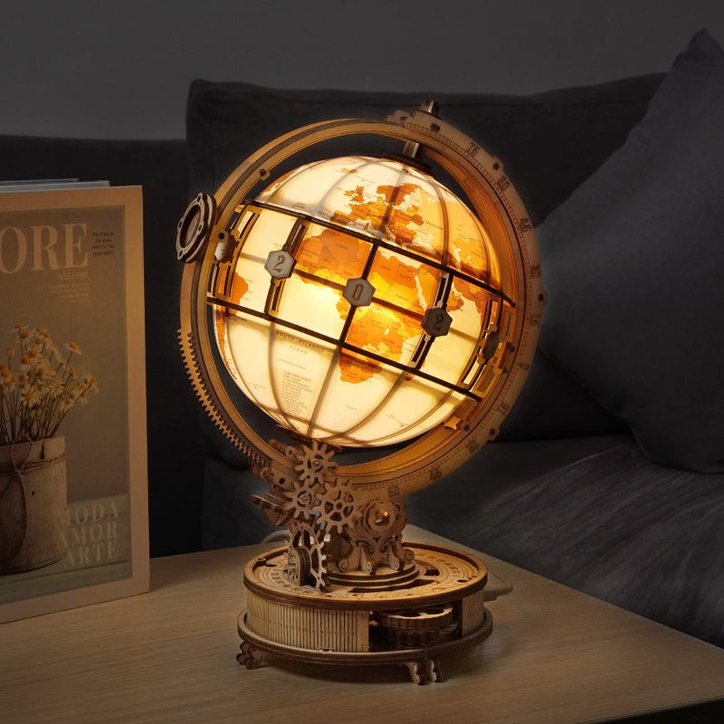 ROKR 3D Wooden Puzzles for Adults LED Illuminated Globe with Stand 3D Wooden Globe Model Kits with LED Light Unique Gift for BirthdayAnniversay - Image 2