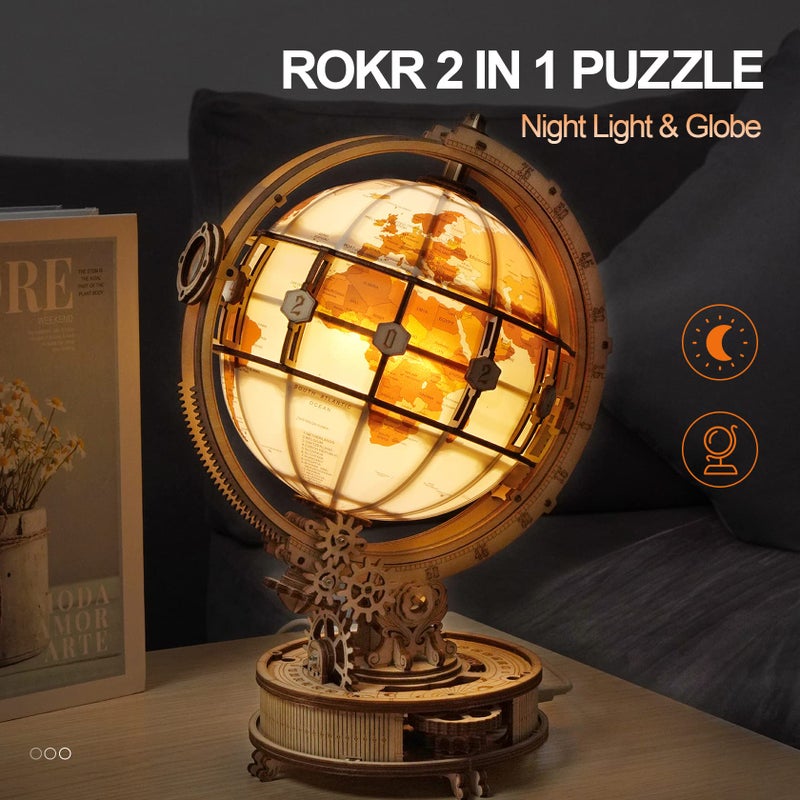 ROKR 3D Wooden Puzzles for Adults LED Illuminated Globe with Stand 3D Wooden Globe Model Kits with LED Light Unique Gift for BirthdayAnniversay - Image 3