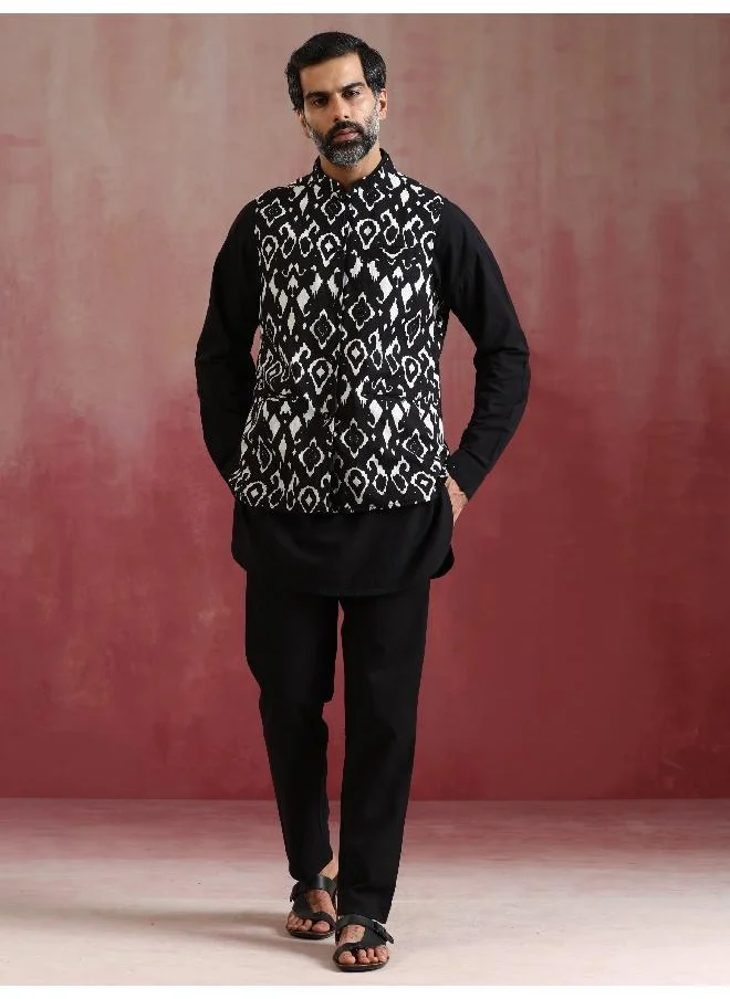 trueBrowns Men's Black Ikat Print Cotton Reversible Nehru Jacket