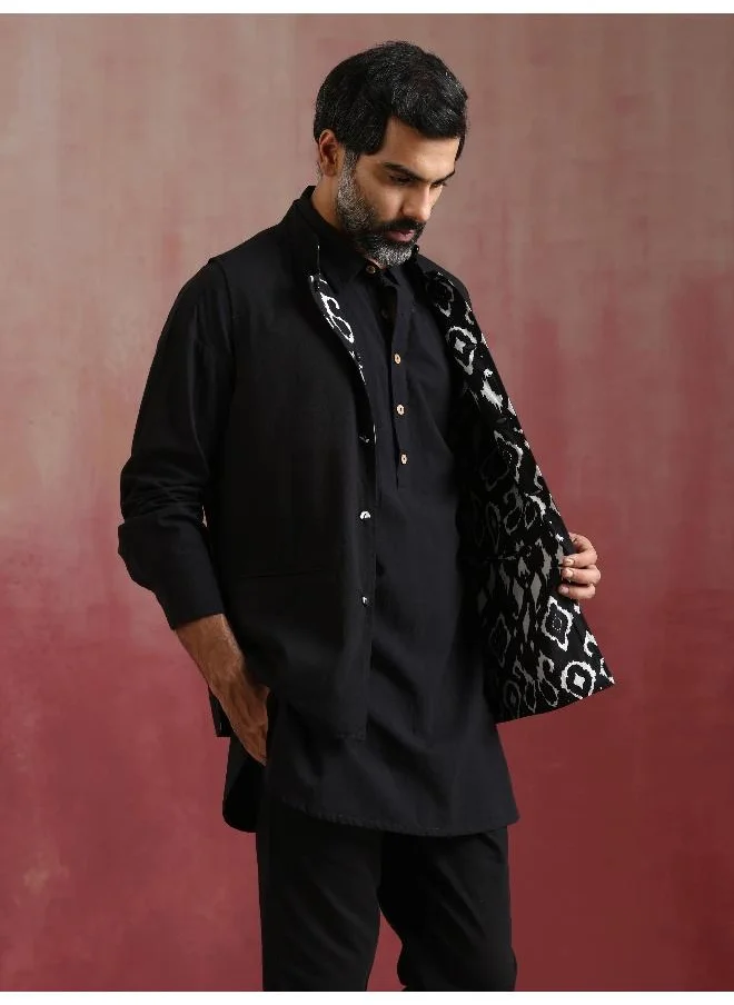 trueBrowns Men's Black Ikat Print Cotton Reversible Nehru Jacket
