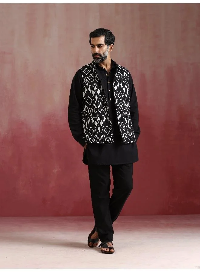 trueBrowns Men's Black Ikat Print Cotton Reversible Nehru Jacket