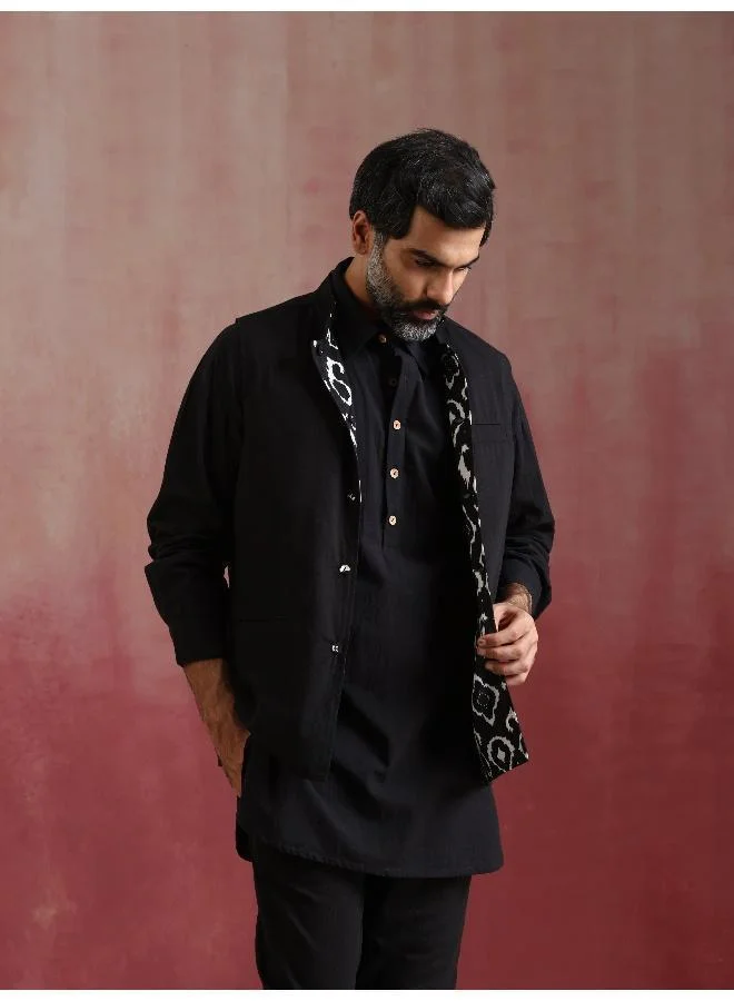 trueBrowns Men's Black Ikat Print Cotton Reversible Nehru Jacket
