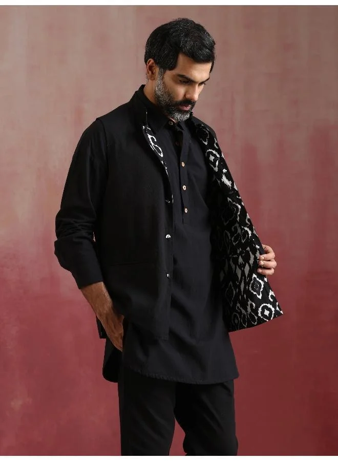 trueBrowns Men's Black Ikat Print Cotton Reversible Nehru Jacket