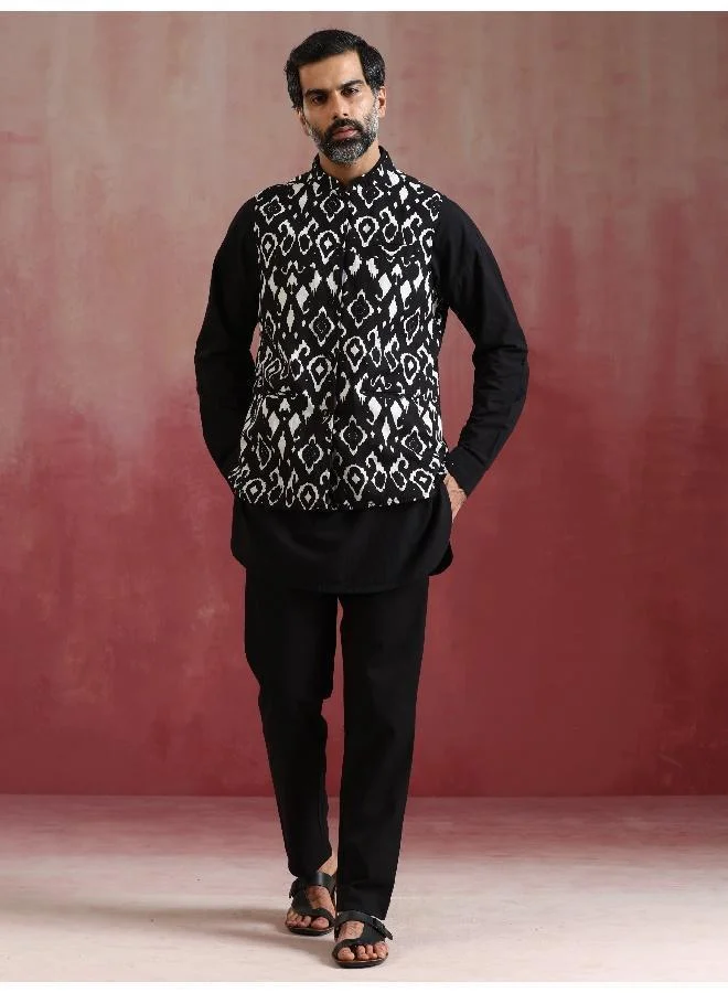 trueBrowns Men's Black Ikat Print Cotton Reversible Nehru Jacket