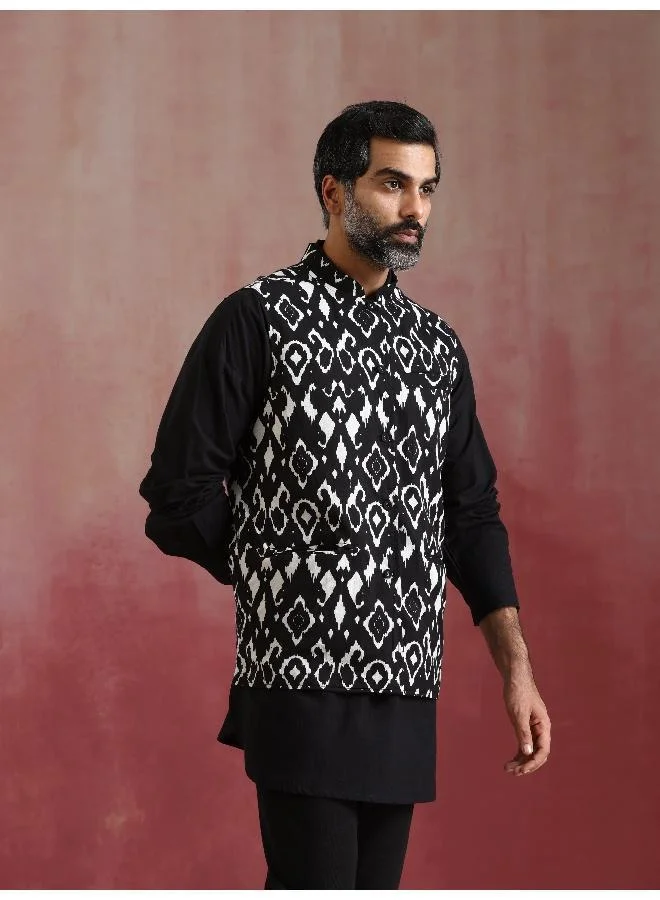 trueBrowns Men's Black Ikat Print Cotton Reversible Nehru Jacket
