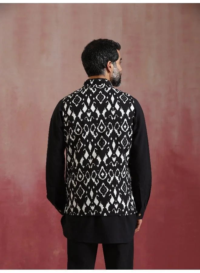 trueBrowns Men's Black Ikat Print Cotton Reversible Nehru Jacket
