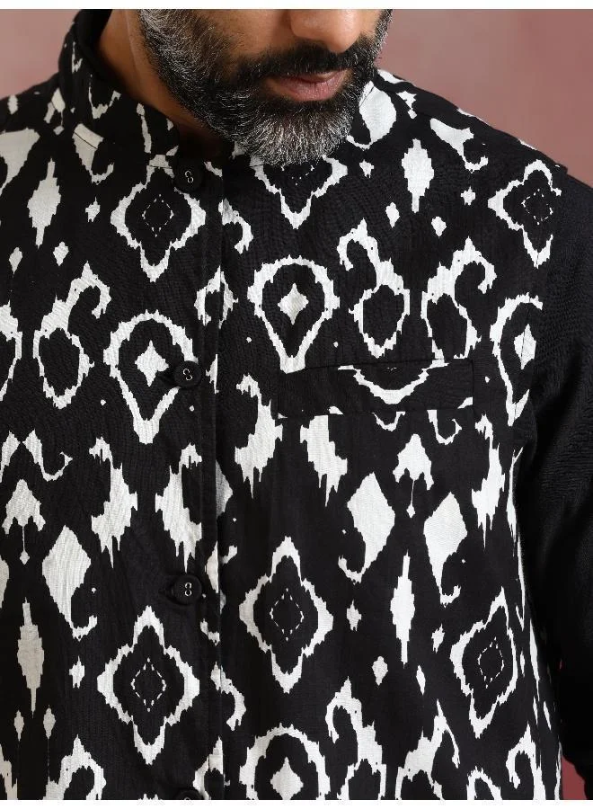 trueBrowns Men's Black Ikat Print Cotton Reversible Nehru Jacket