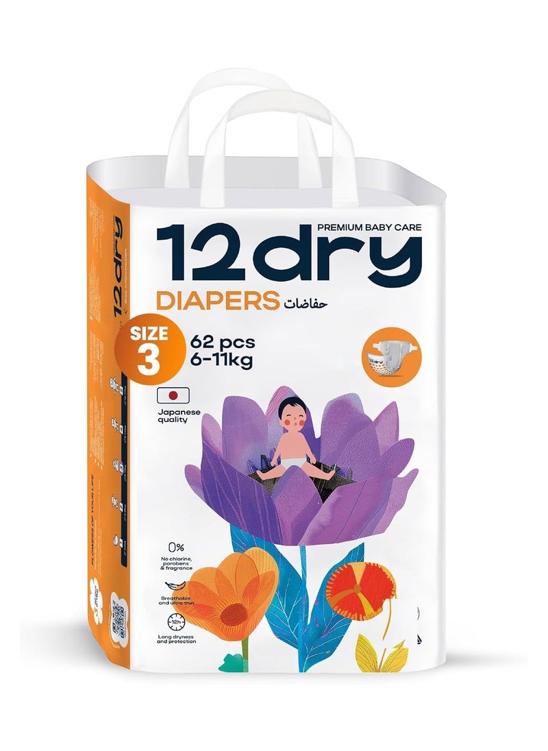 12dry Diaper (Size 3, 62, count) – Premium Baby Care, 100% Ultra-Absorbent Japanese Tech, Dual-Layer, Thin & Breathable, Eco-Friendly, Hypoallergenic, Soft Elastic Waistband for Active Babies  - Image 1