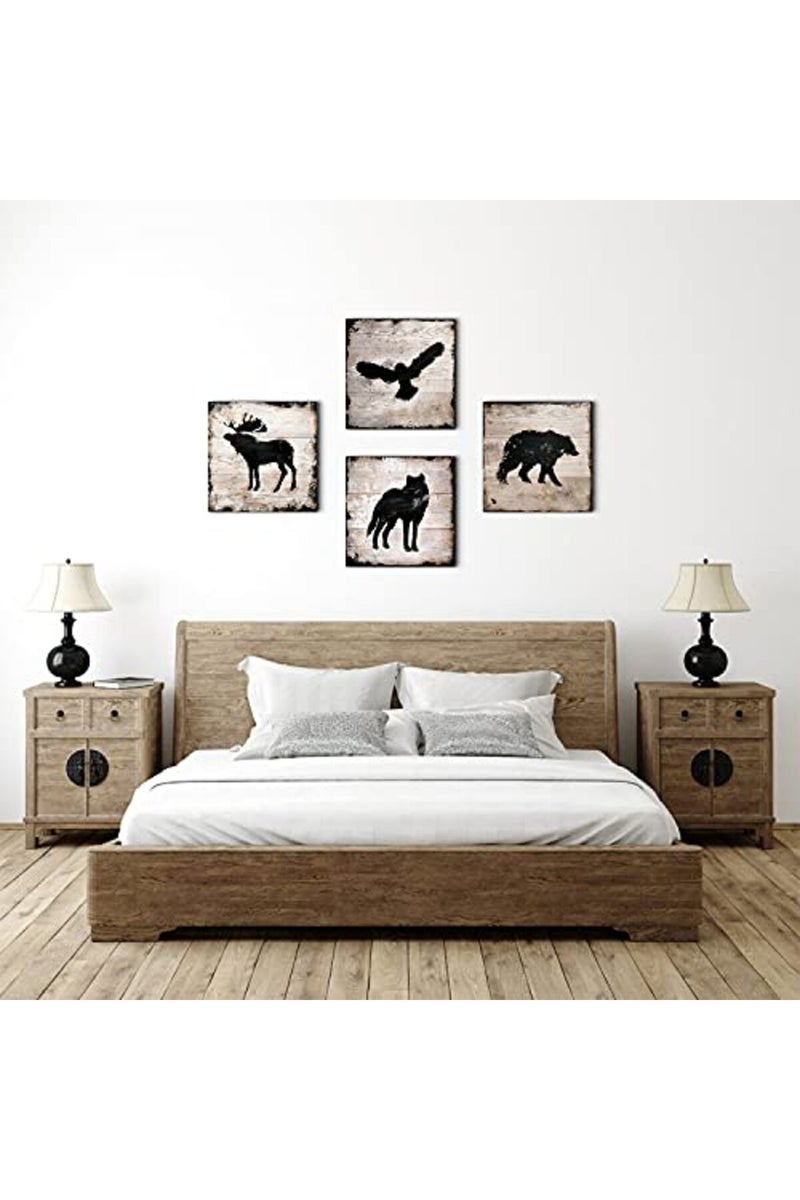 sunfrower Cabin Decor Wolf Wall Art Bear Canvas Prints Bathroom Decor Rustic Wildlife Animals Black Silhouette Picture Paintings for Woodland Nursery Decorations Teenage Lodge Bedroom Moose Poster 16x16" 4Pcs - Image 2
