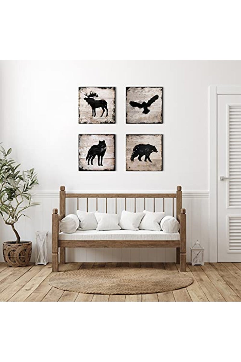 sunfrower Cabin Decor Wolf Wall Art Bear Canvas Prints Bathroom Decor Rustic Wildlife Animals Black Silhouette Picture Paintings for Woodland Nursery Decorations Teenage Lodge Bedroom Moose Poster 16x16" 4Pcs - Image 3