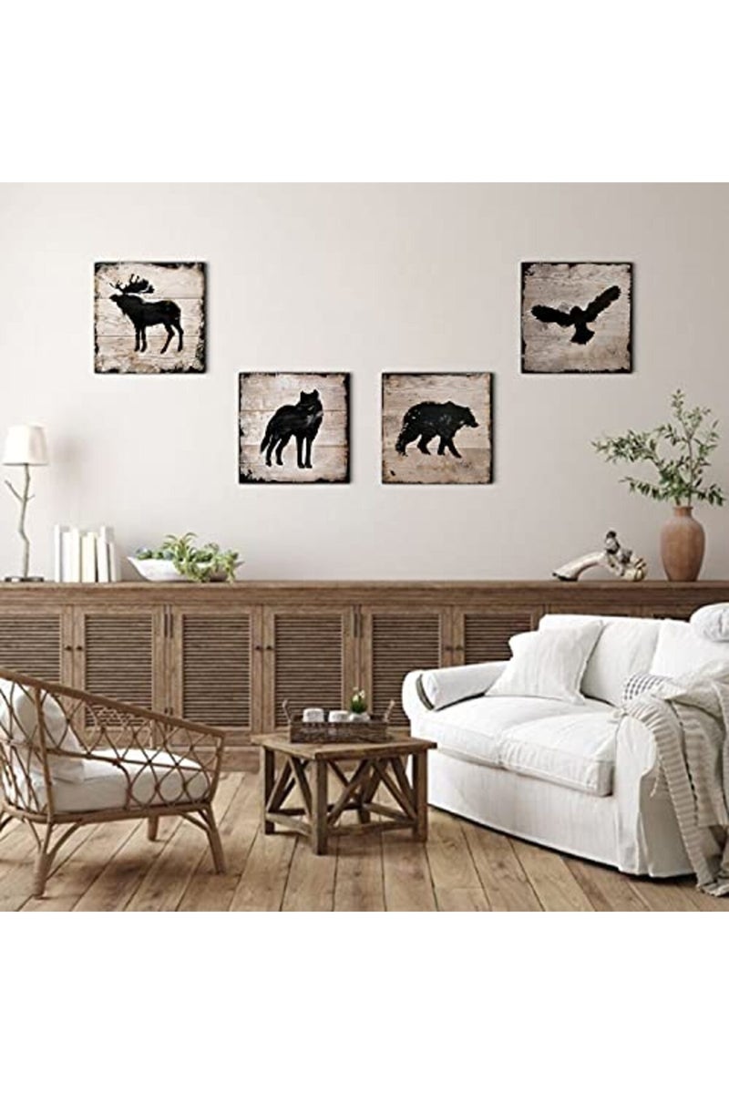 sunfrower Cabin Decor Wolf Wall Art Bear Canvas Prints Bathroom Decor Rustic Wildlife Animals Black Silhouette Picture Paintings for Woodland Nursery Decorations Teenage Lodge Bedroom Moose Poster 16x16" 4Pcs - Image 5