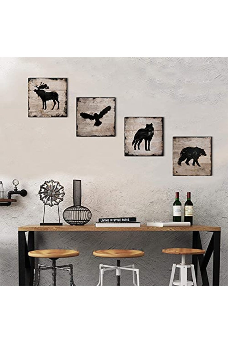sunfrower Cabin Decor Wolf Wall Art Bear Canvas Prints Bathroom Decor Rustic Wildlife Animals Black Silhouette Picture Paintings for Woodland Nursery Decorations Teenage Lodge Bedroom Moose Poster 16x16" 4Pcs - Image 4