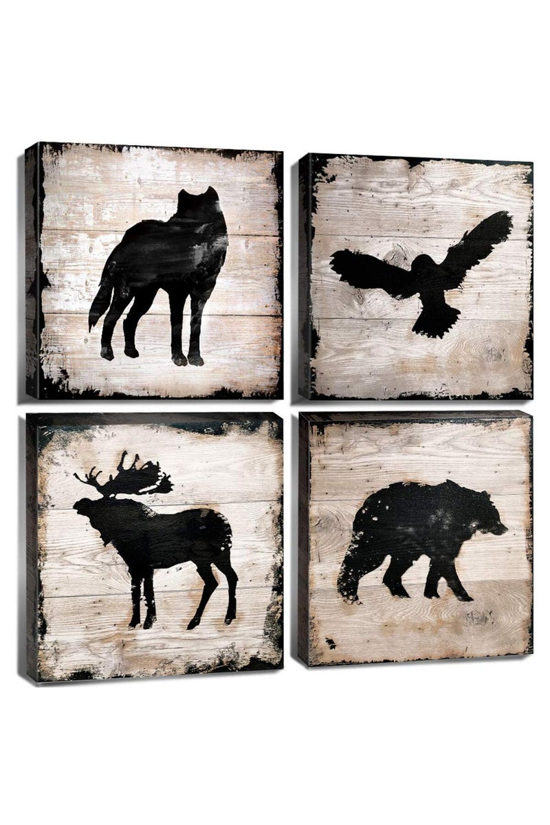 sunfrower Cabin Decor Wolf Wall Art Bear Canvas Prints Bathroom Decor Rustic Wildlife Animals Black Silhouette Picture Paintings for Woodland Nursery Decorations Teenage Lodge Bedroom Moose Poster 16x16" 4Pcs - Image 1