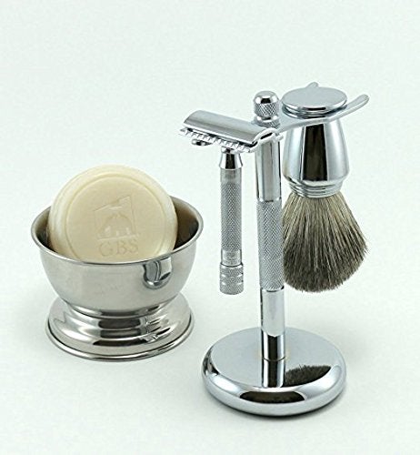 GBS Short Handle Safety Razor Pure Badger Shaving Brush Brush and Razor Stand Bowl Glycerin Natural Soap and 25 Blades