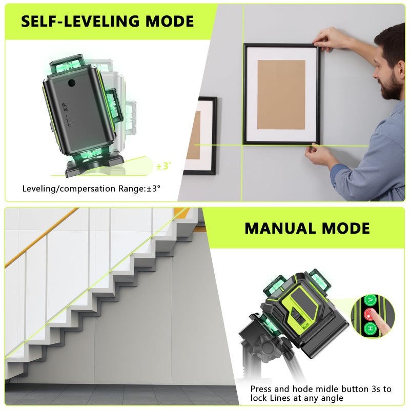 MBYULO 16 Line Laser Level 360 Self Leveling, 4x360Â°Professional 4D Green Cross Line laser Level with 2 Batteries, Adjustable Brightness & Remote Control, for Tiling Floor Construction and Picture Hanging - Image 2
