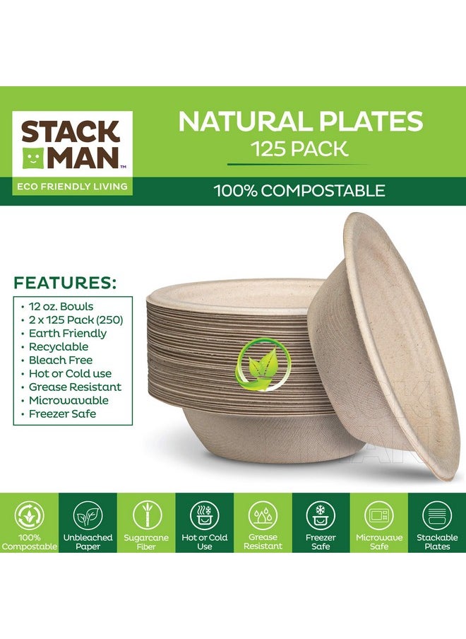Stack Man - Paper Bowls 100% Compostable Disposable Soup Bowl [125Pack] (Pfasfree) (Bpi Certified) [12 Oz] Heavy Duty Ecofriendly Biodegradable Bagasse Hot Food Plates And Bowls Natural Brown - Image 1